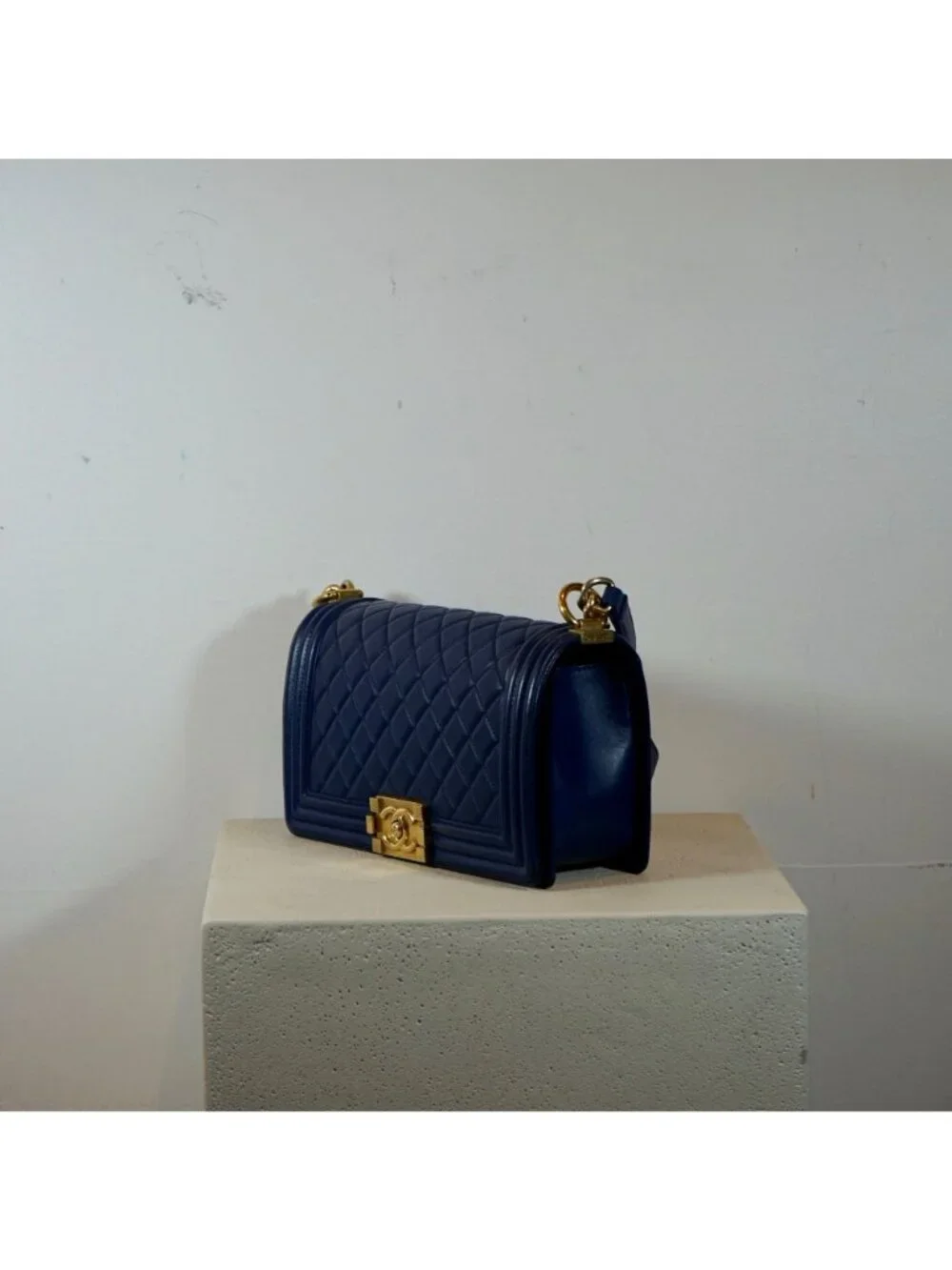 Chanel Boy Bag Caviar Blue with Gold Hardware